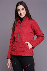 Maroon Mid-Length Puffer Women’s Jacket With High Fur Collar