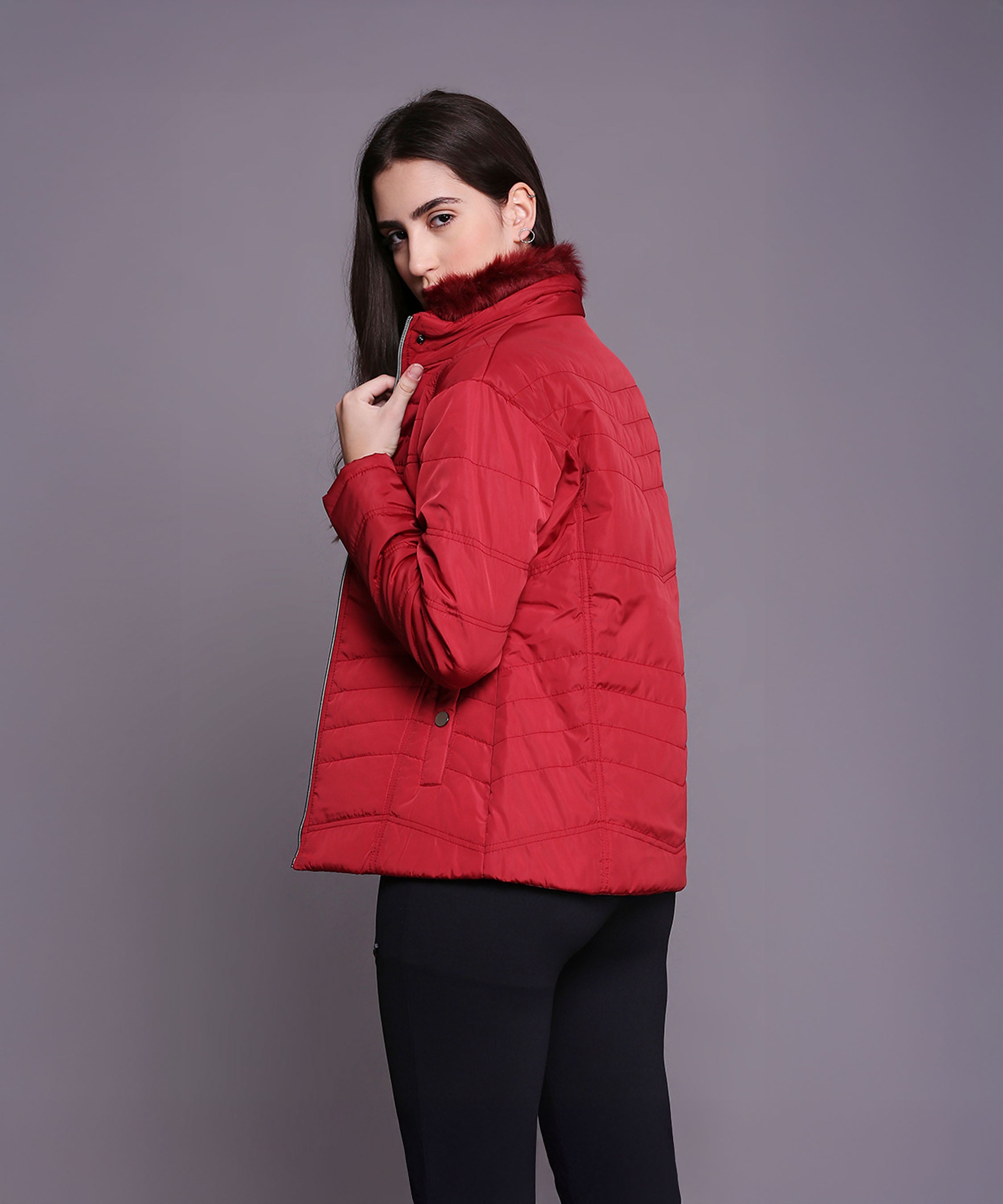 Maroon Mid-Length Puffer Women’s Jacket With High Fur Collar