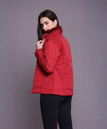 Maroon Mid-Length Puffer Women’s Jacket With High Fur Collar
