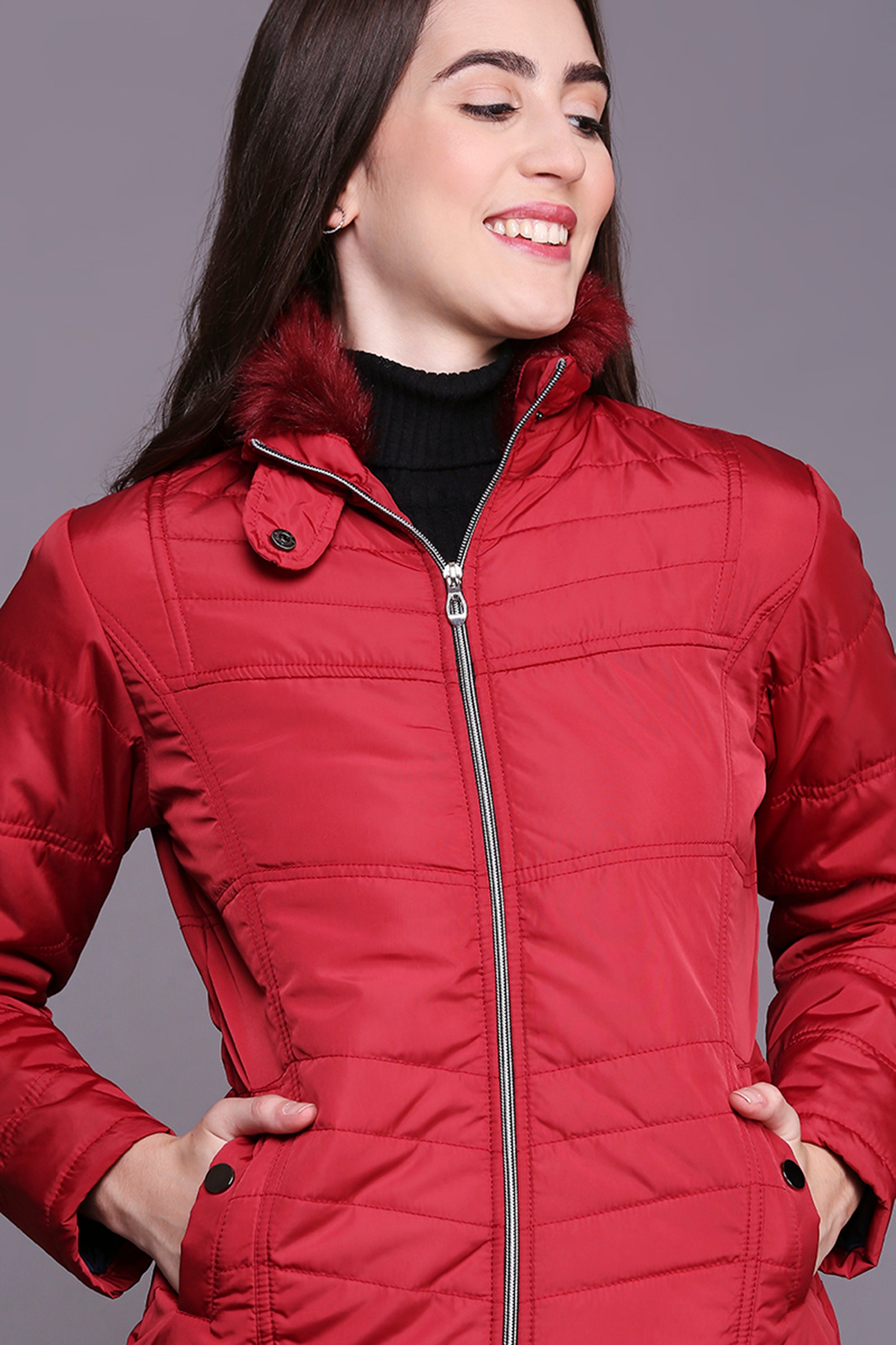 Maroon Mid-Length Puffer Women’s Jacket With High Fur Collar