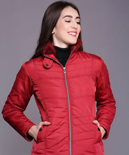 Maroon Mid-Length Puffer Women’s Jacket With High Fur Collar