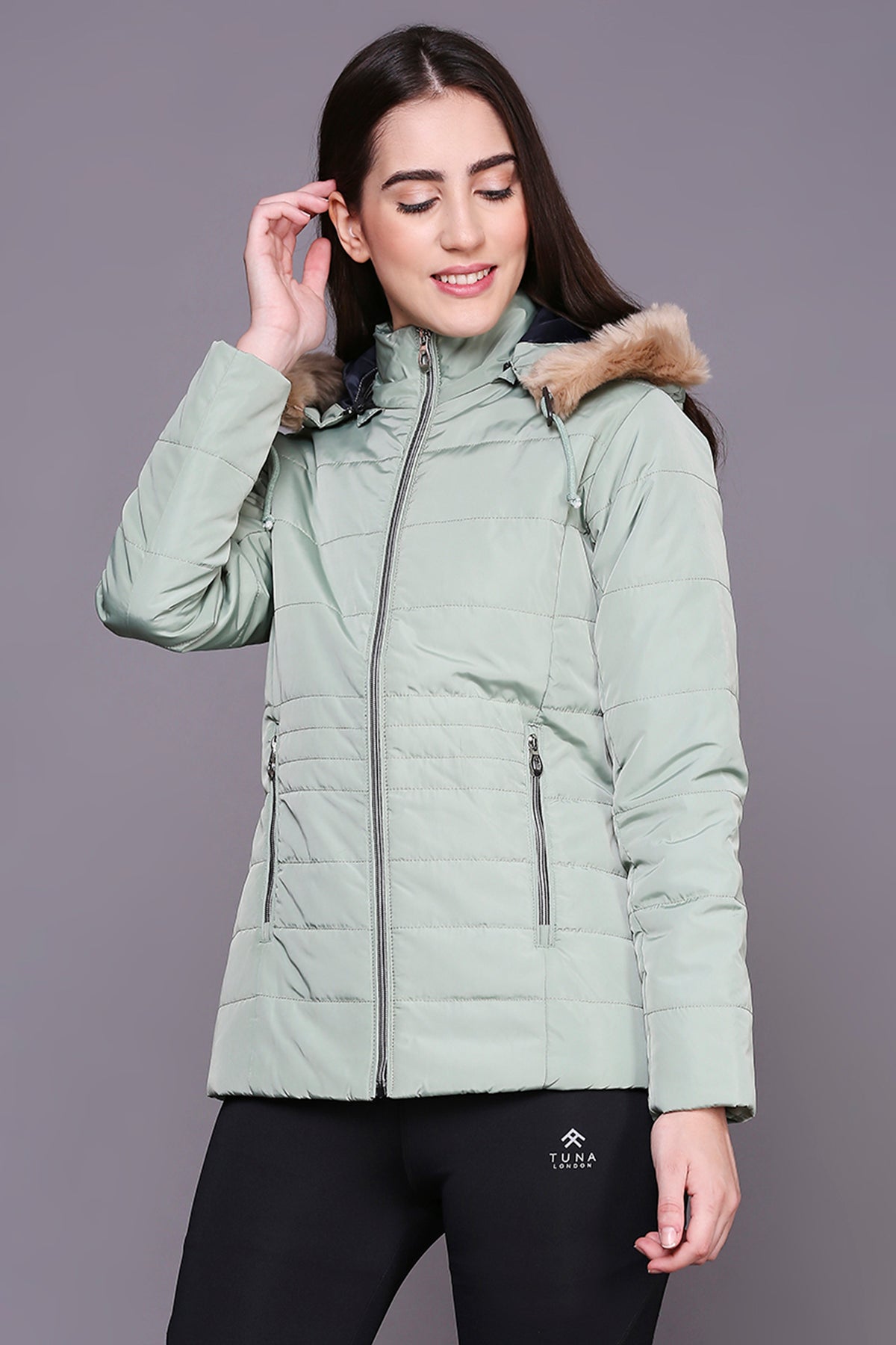 Mint Green Mid-Length High Collar Puffer Jacket With Detachable Fur Hoodie
