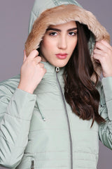 Mint Green Mid-Length High Collar Puffer Jacket With Detachable Fur Hoodie