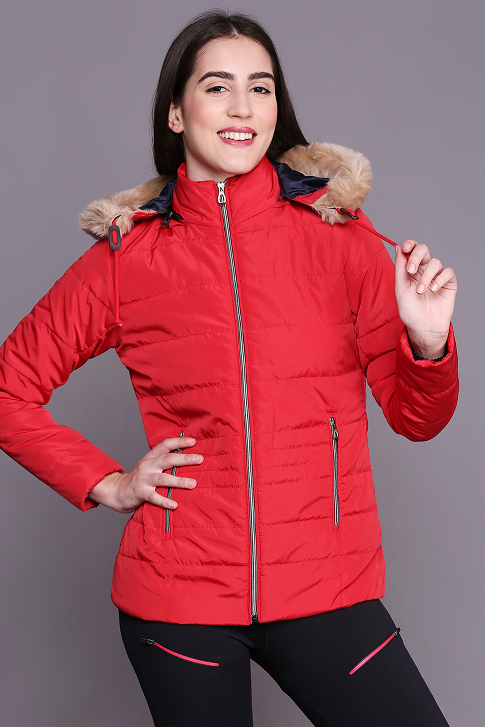 Red Mid Length High Collar Puffer Jacket With Detachable Fur Hoodie