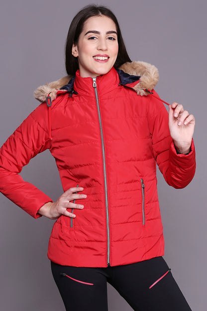 Red Mid Length High Collar Puffer Jacket With Detachable Fur Hoodie