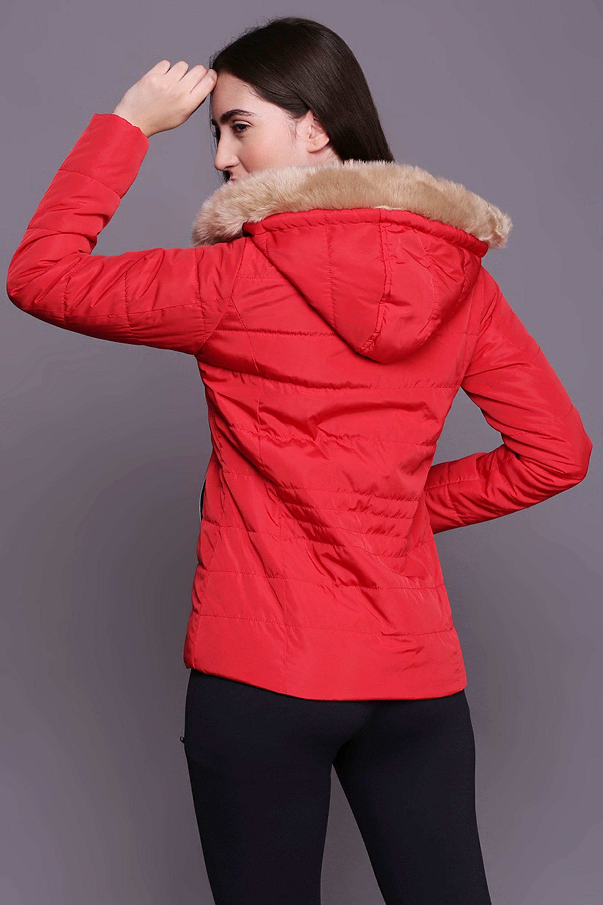 Red Mid Length High Collar Puffer Jacket With Detachable Fur Hoodie