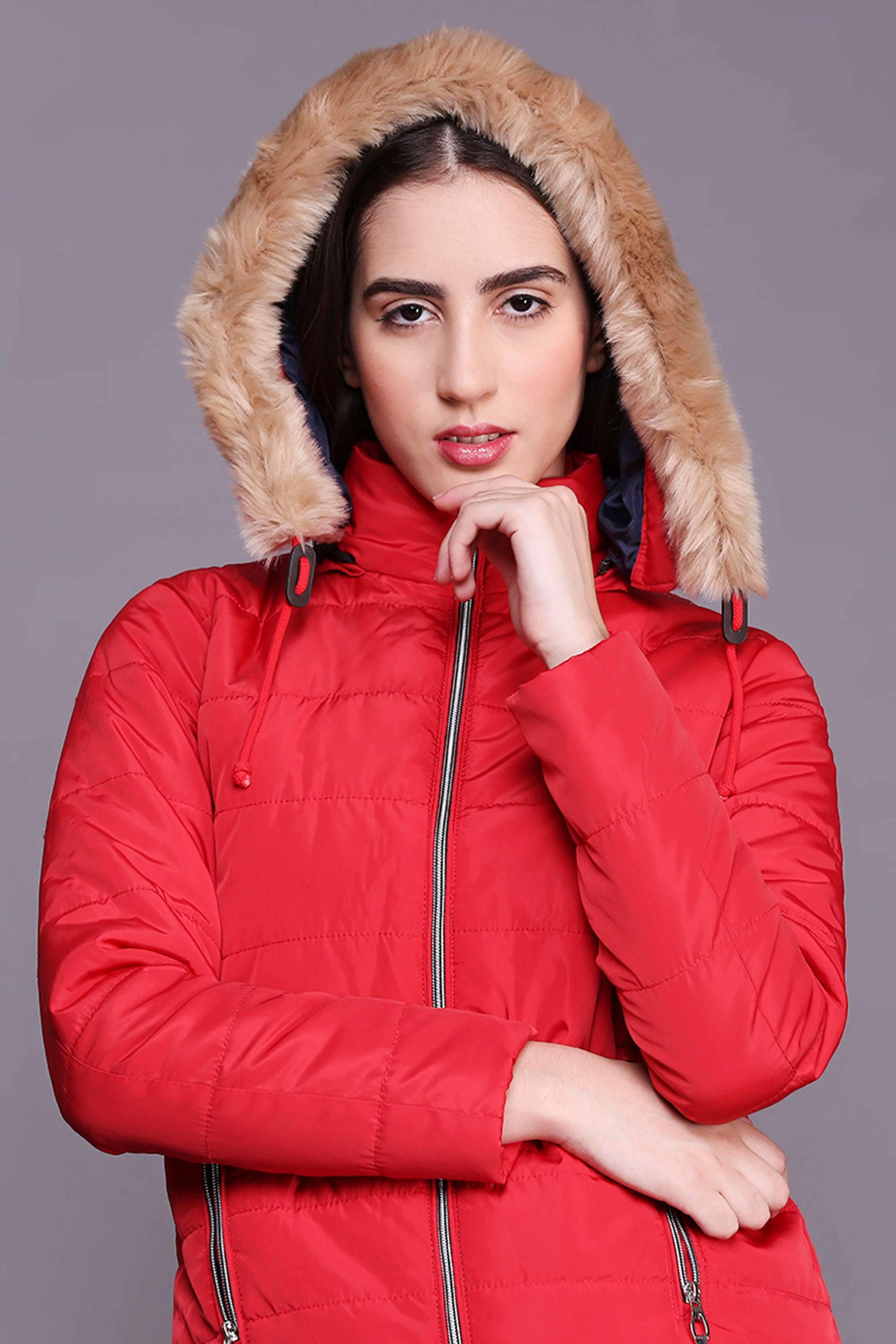Red Mid Length High Collar Puffer Jacket With Detachable Fur Hoodie