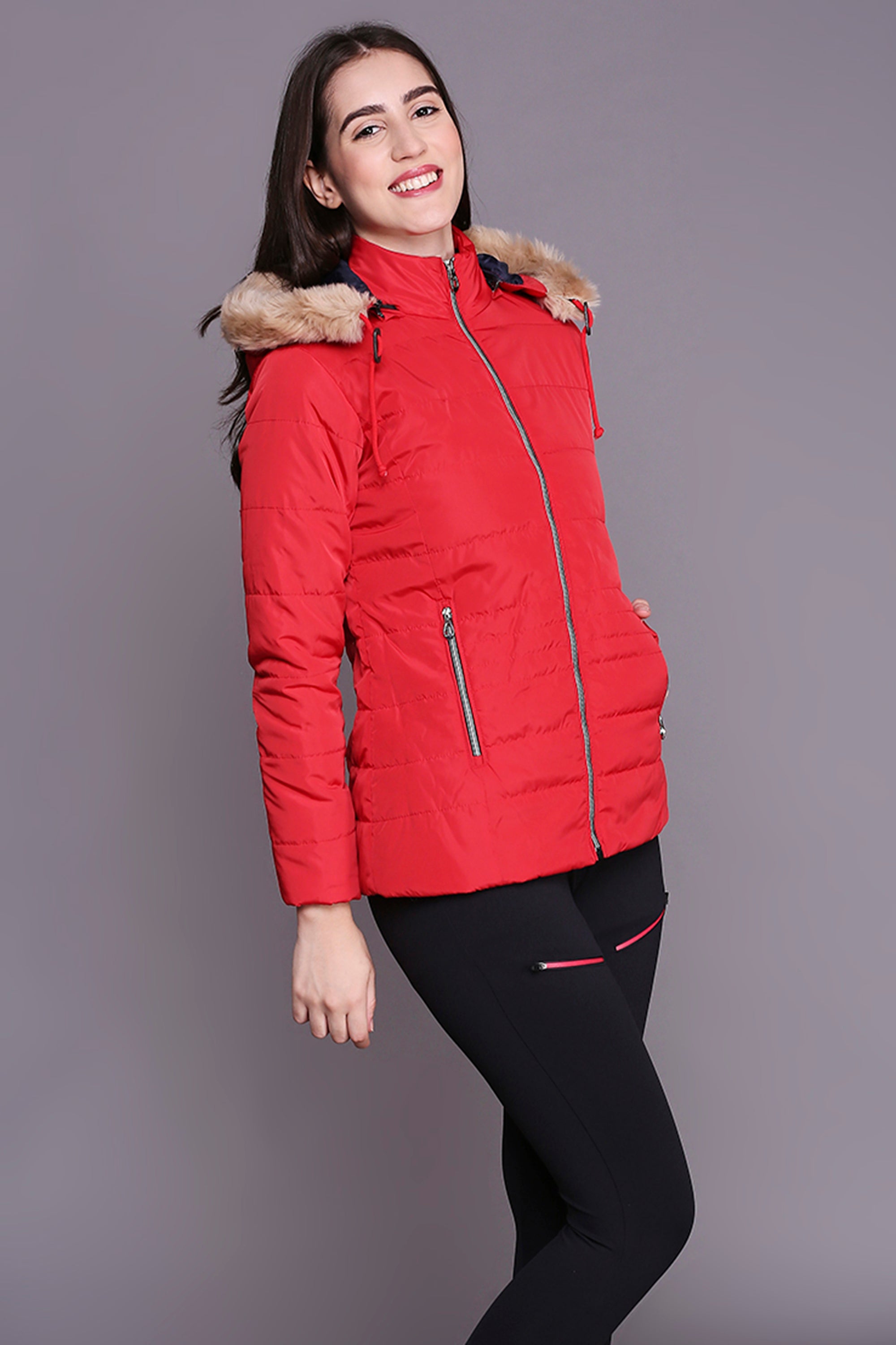 Red Mid Length High Collar Puffer Jacket With Detachable Fur Hoodie