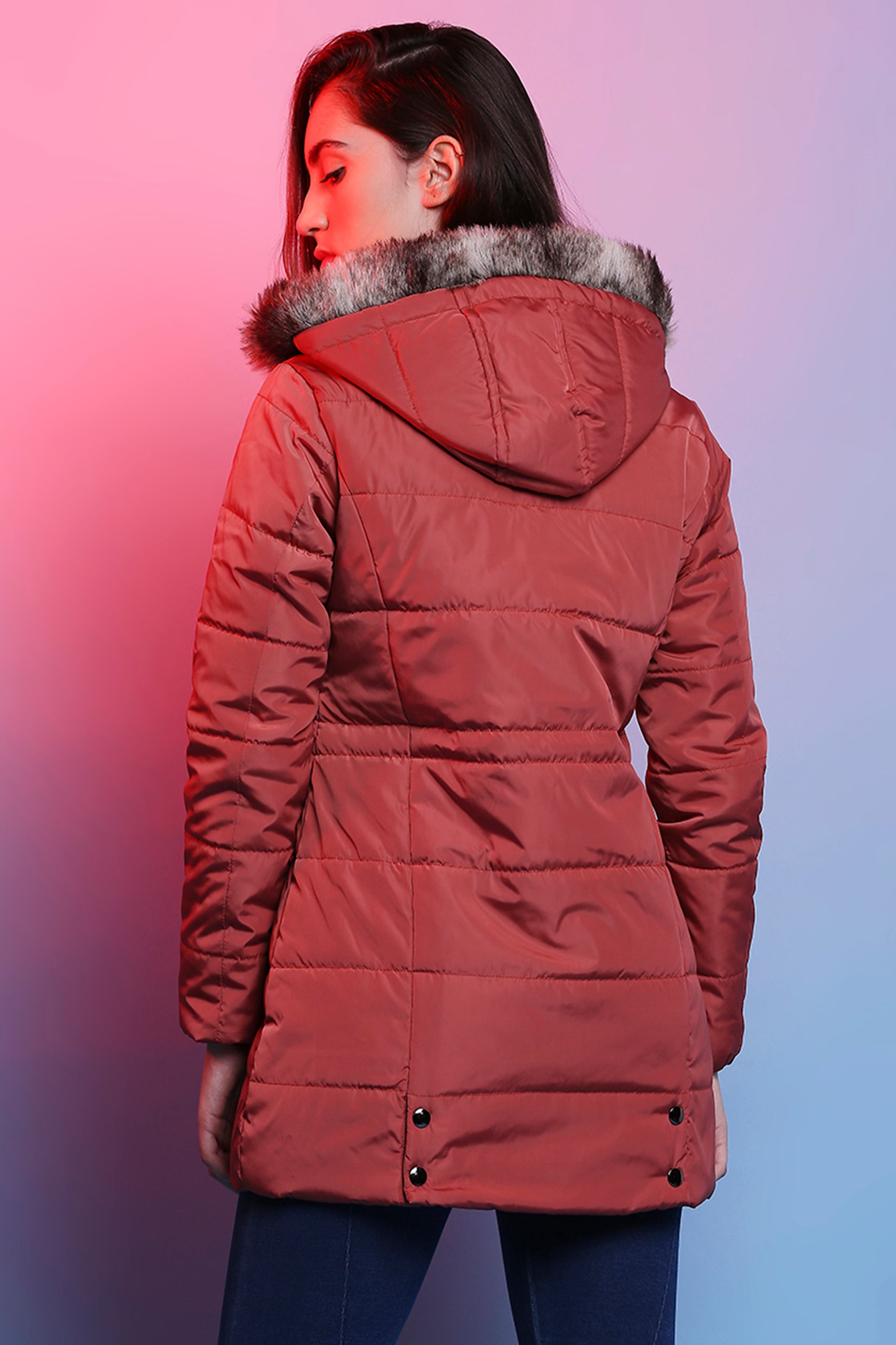 Earthy Red Long Puffer Women’s Jacket With Fur Lined Hoodie