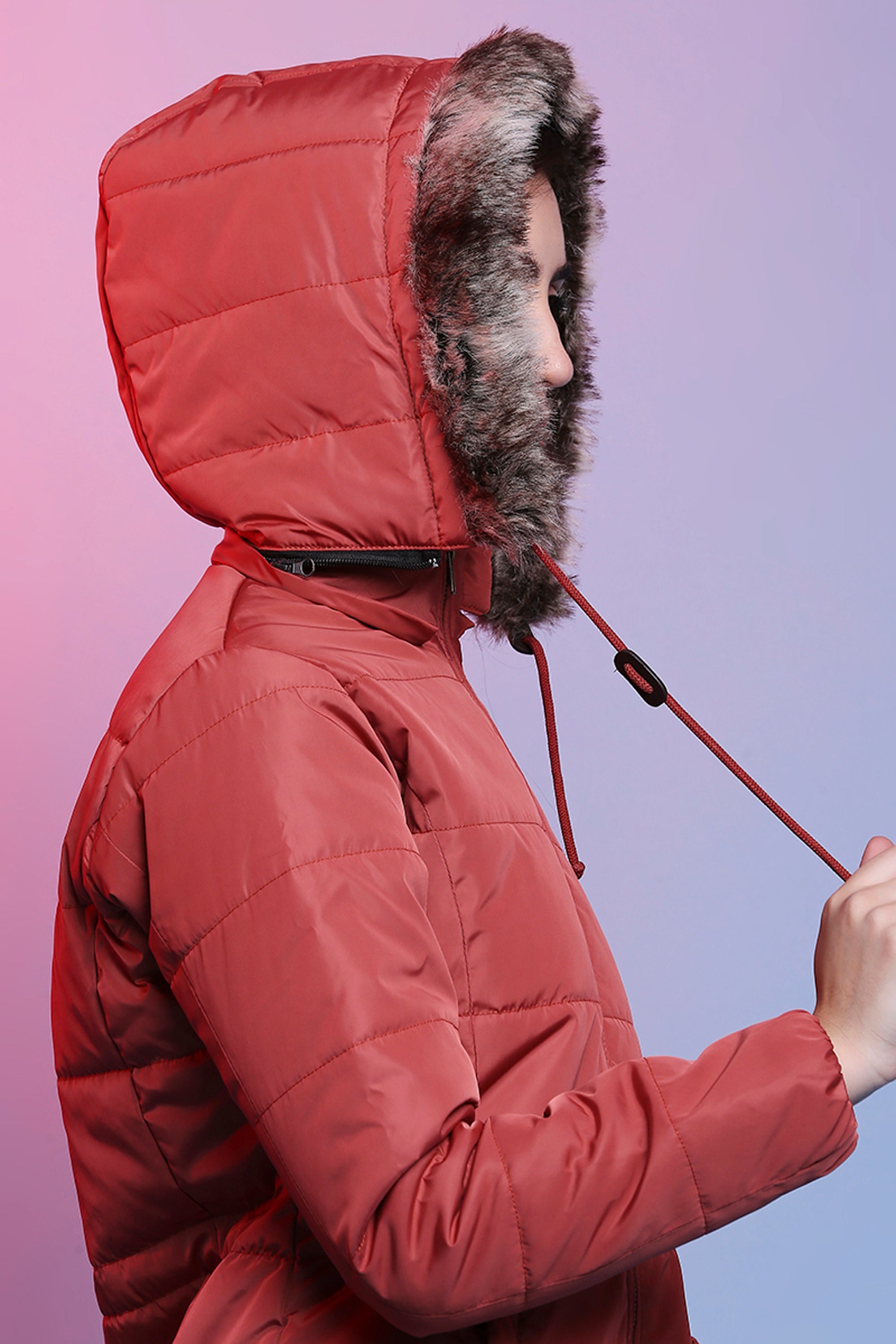 Earthy Red Long Puffer Women’s Jacket With Fur Lined Hoodie