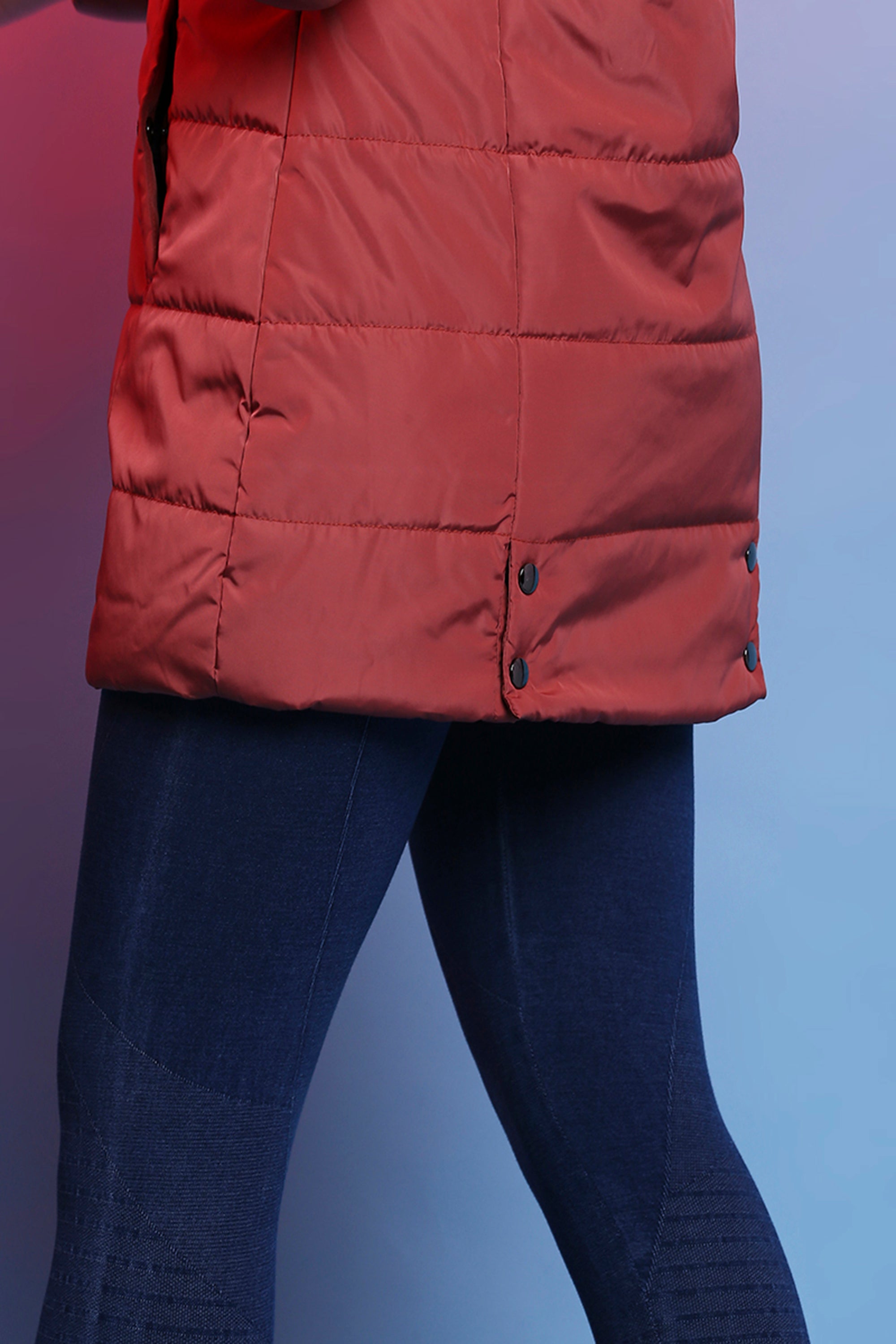 Earthy Red Long Puffer Women’s Jacket With Fur Lined Hoodie