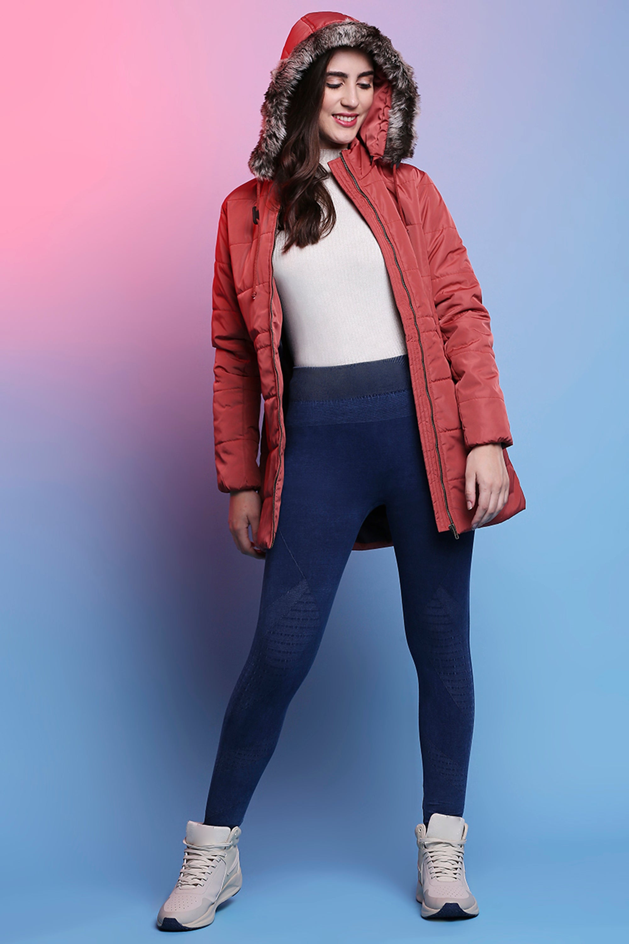 Earthy Red Long Puffer Women’s Jacket With Fur Lined Hoodie