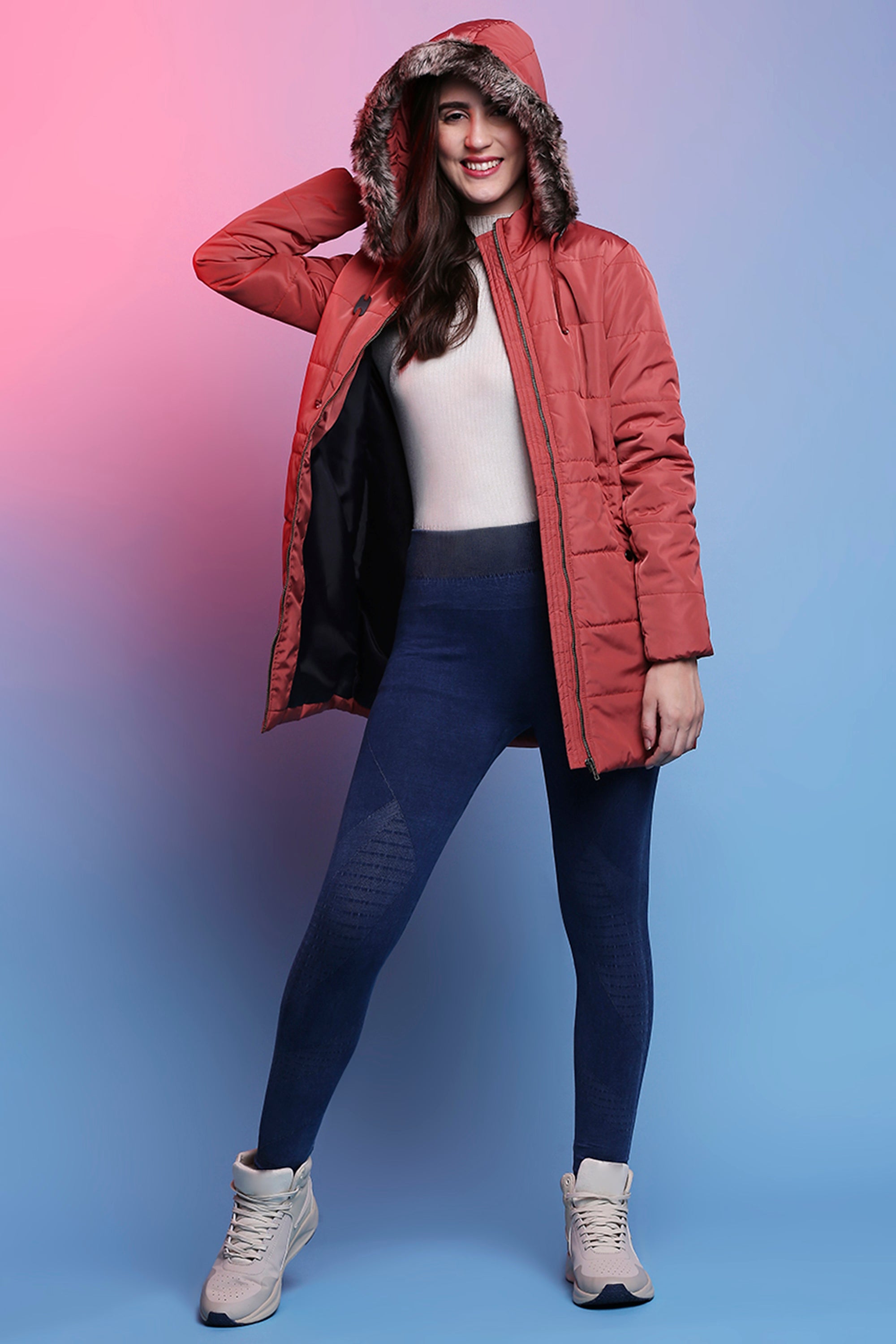 Earthy Red Long Puffer Women’s Jacket With Fur Lined Hoodie