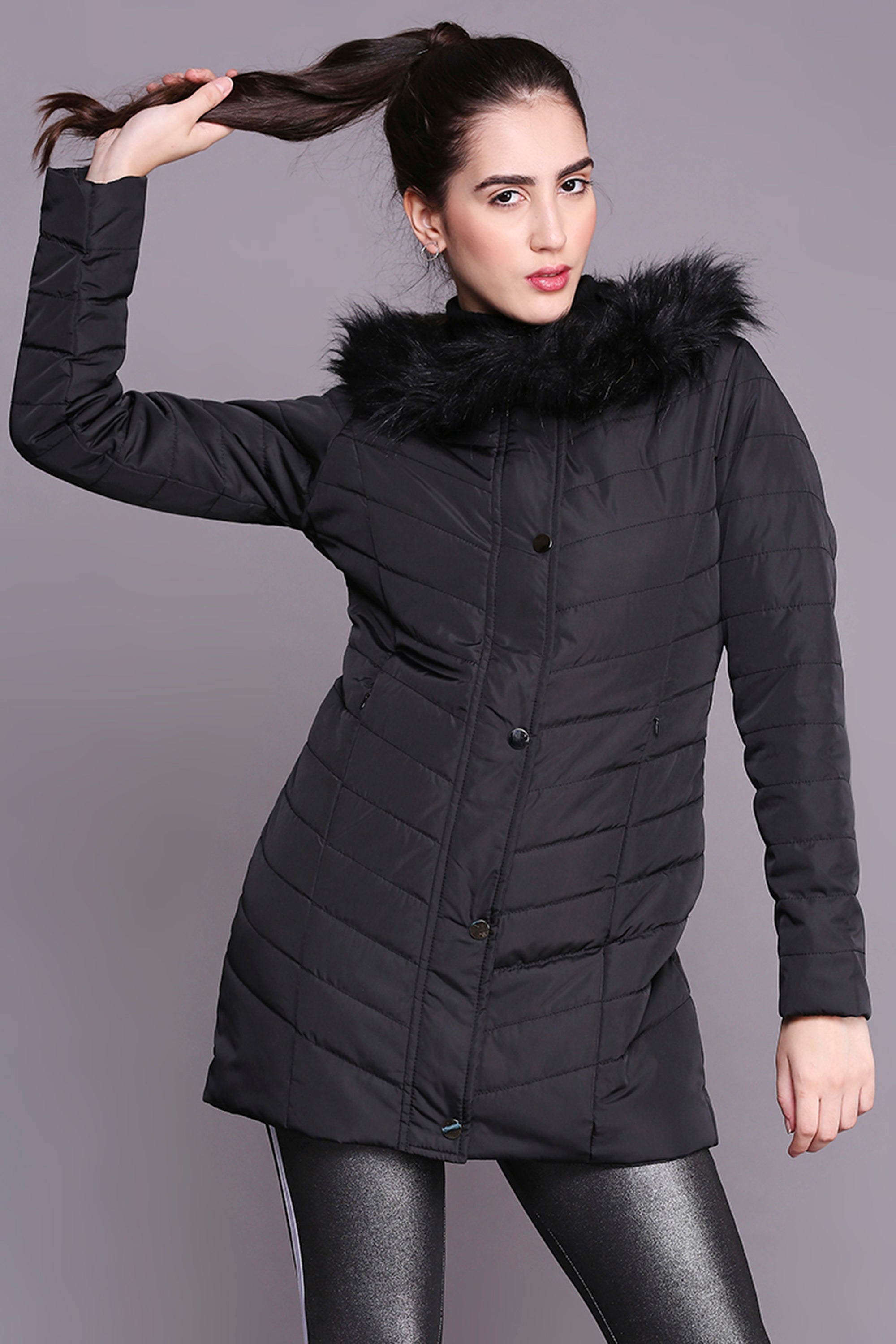 Black Fur Collar Long Puffer Jacket With Button and Zip Details