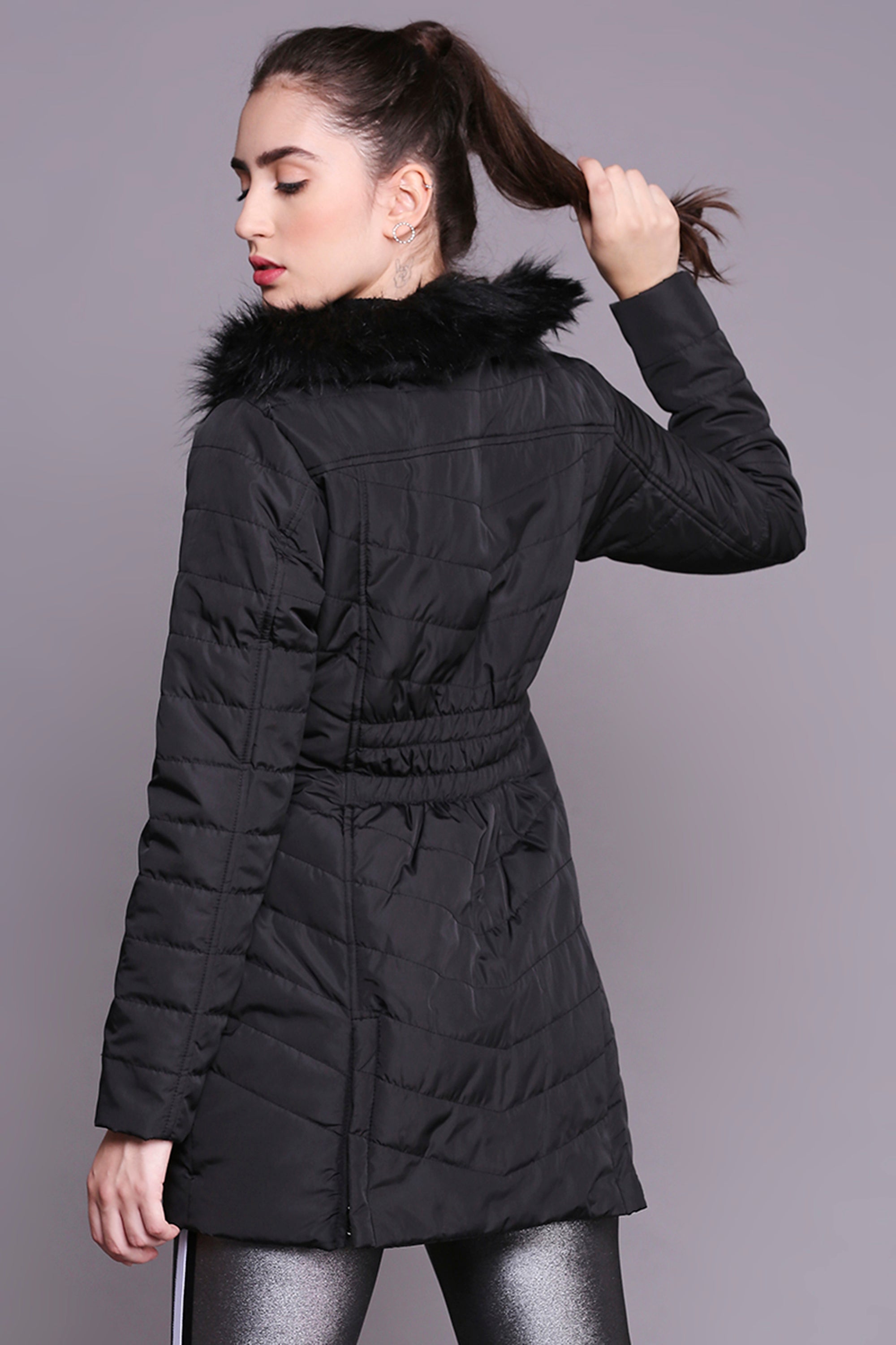Black Fur Collar Long Puffer Jacket With Button and Zip Details