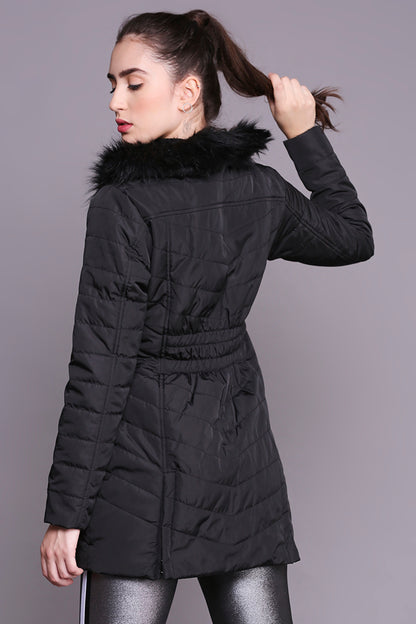 Black Fur Collar Long Puffer Jacket With Button and Zip Details