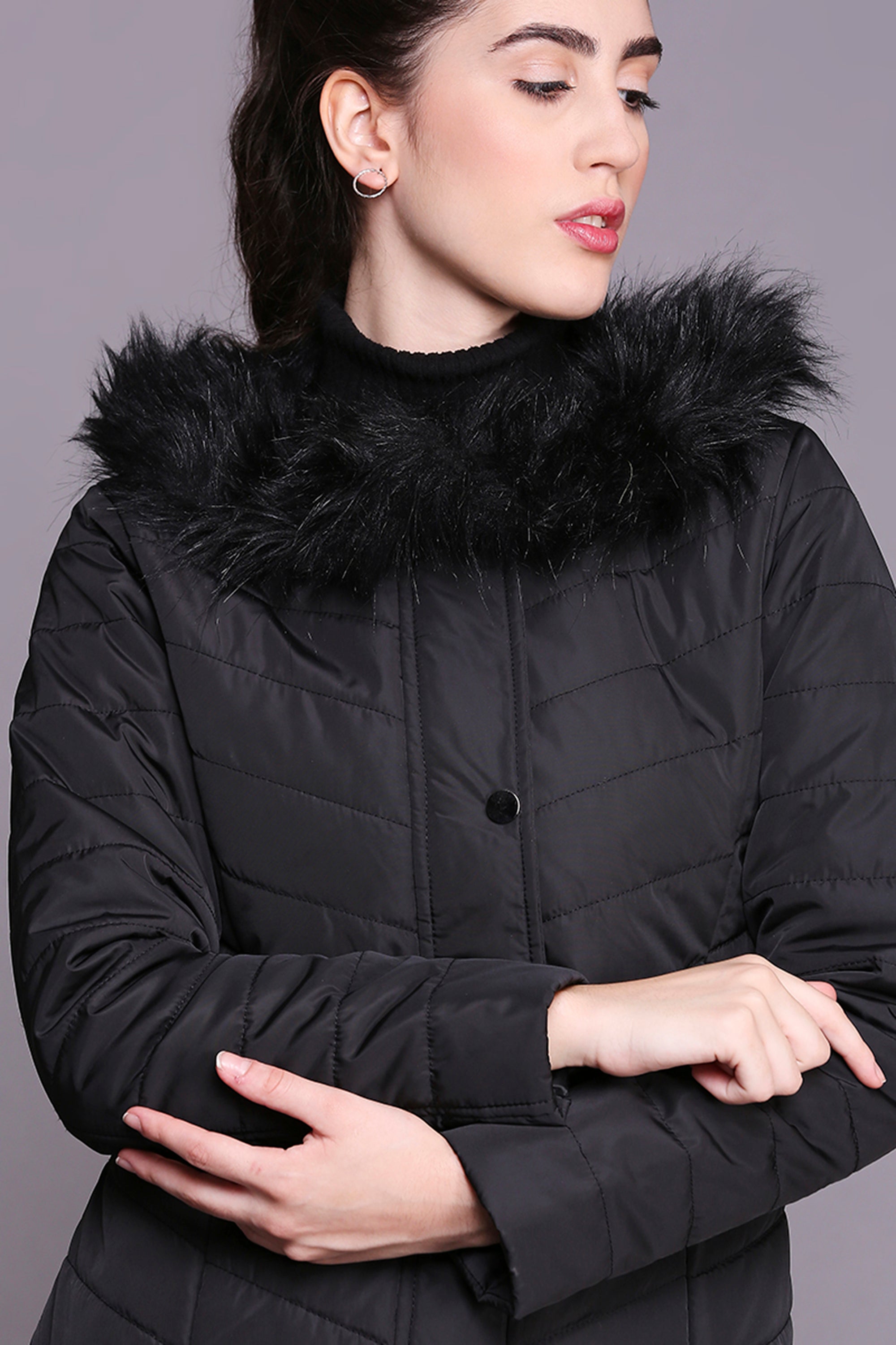 Black Fur Collar Long Puffer Jacket With Button and Zip Details