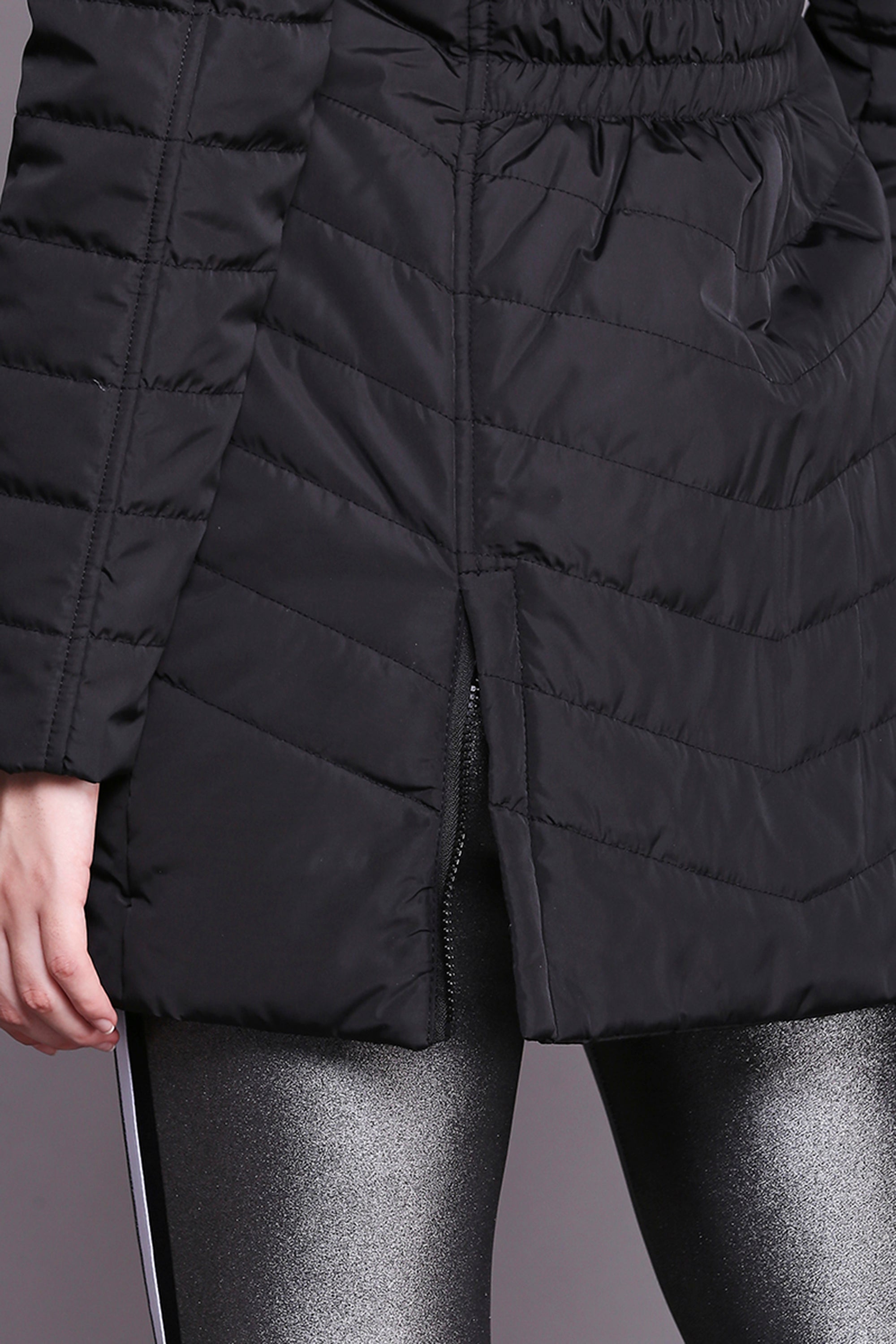 Black Fur Collar Long Puffer Jacket With Button and Zip Details