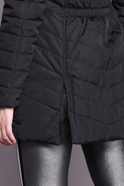 Black Fur Collar Long Puffer Jacket With Button and Zip Details