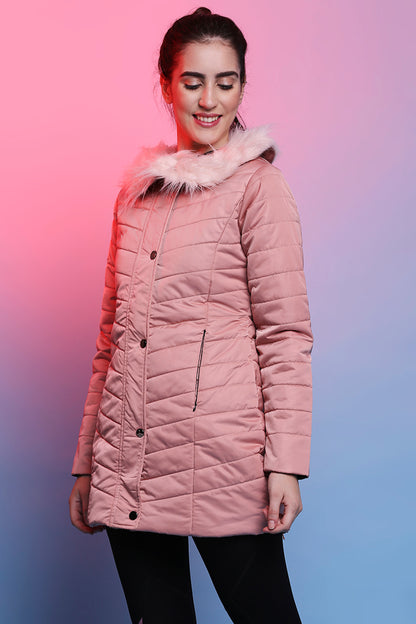 Baby Pink Fur Collar Long Puffer Jacket With Button and Zip Details