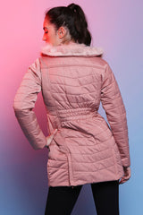 Baby Pink Fur Collar Long Puffer Jacket With Button and Zip Details