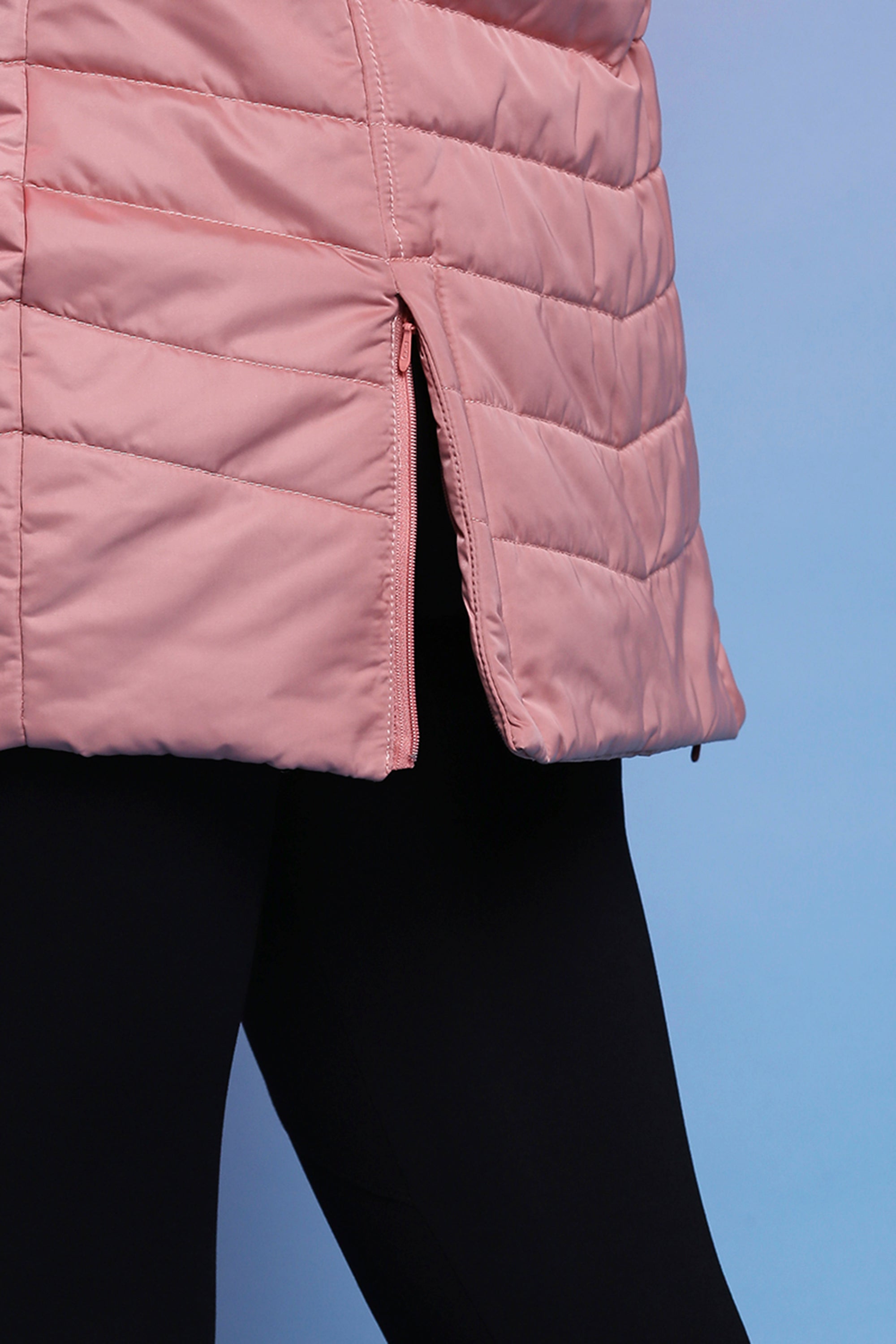 Baby Pink Fur Collar Long Puffer Jacket With Button and Zip Details
