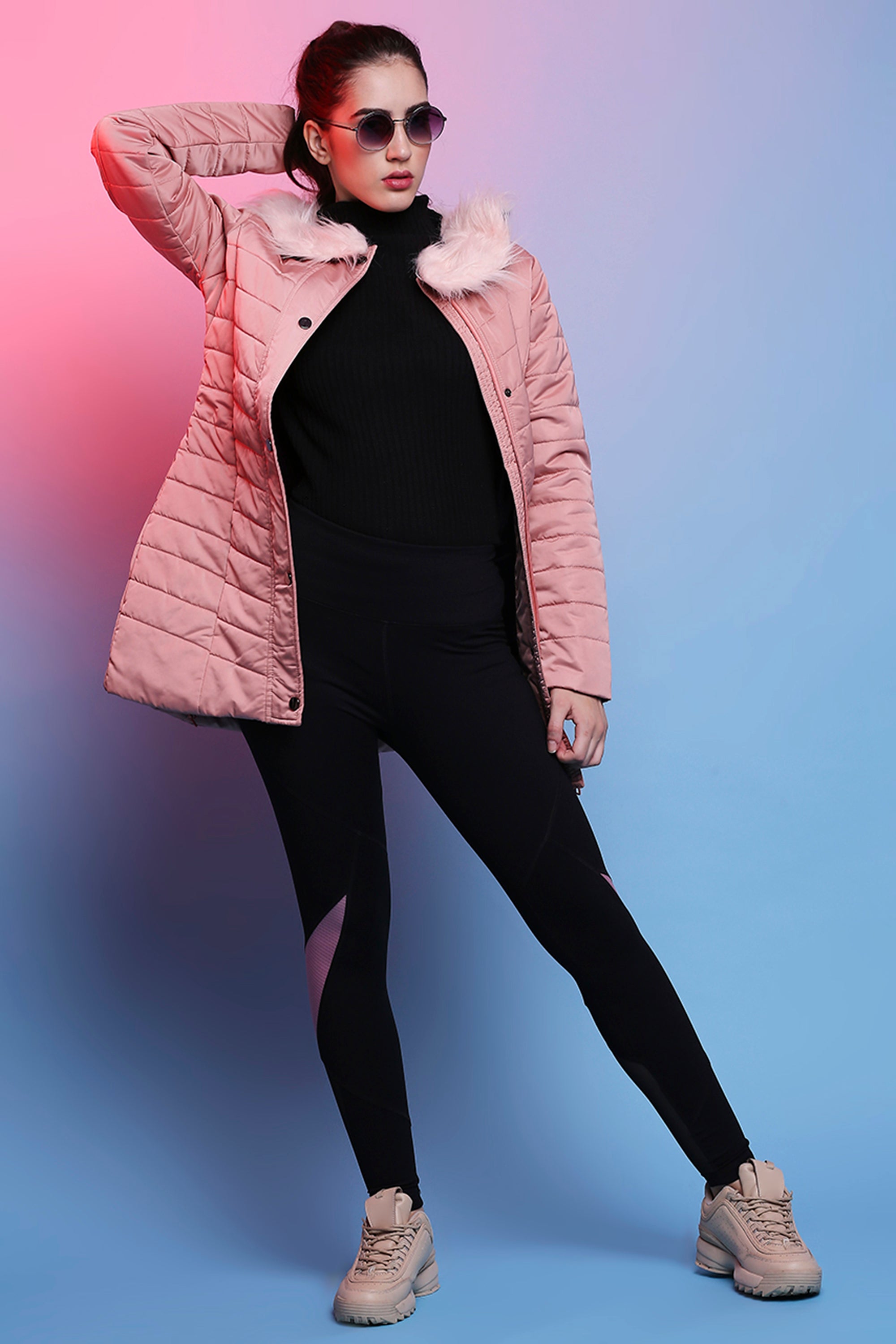 Baby Pink Fur Collar Long Puffer Jacket With Button and Zip Details