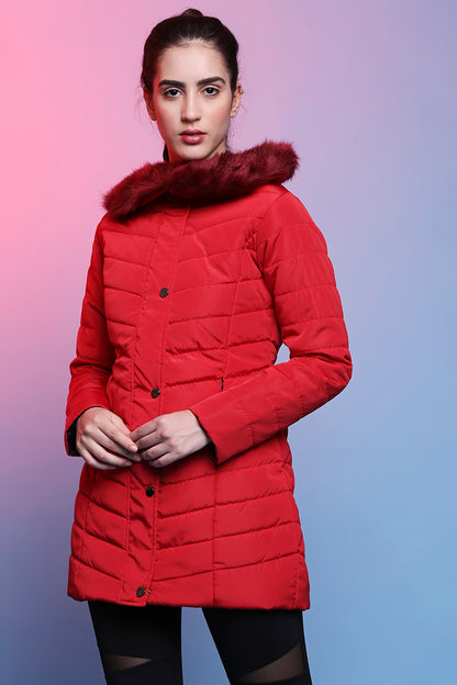 Scarlet Red Fur Collar Long Puffer Jacket With Button And Zip Details