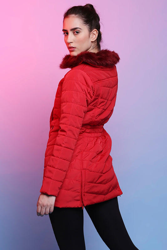 Scarlet Red Fur Collar Long Puffer Jacket With Button And Zip Details