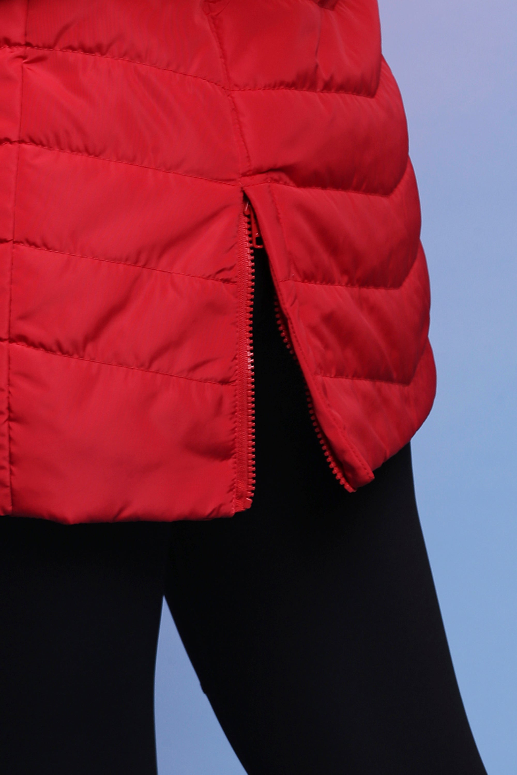 Scarlet Red Fur Collar Long Puffer Jacket With Button And Zip Details