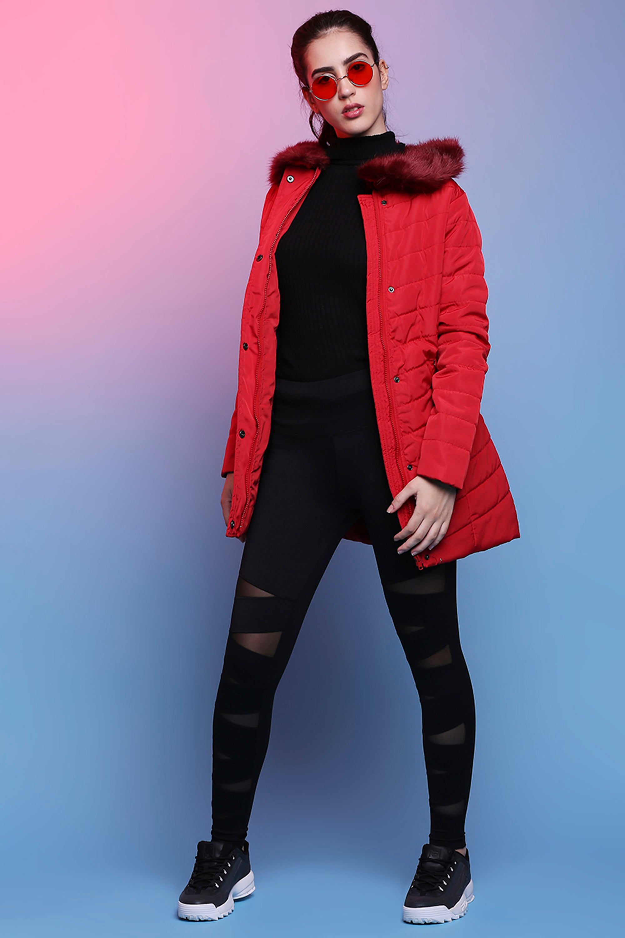 Scarlet Red Fur Collar Long Puffer Jacket With Button And Zip Details
