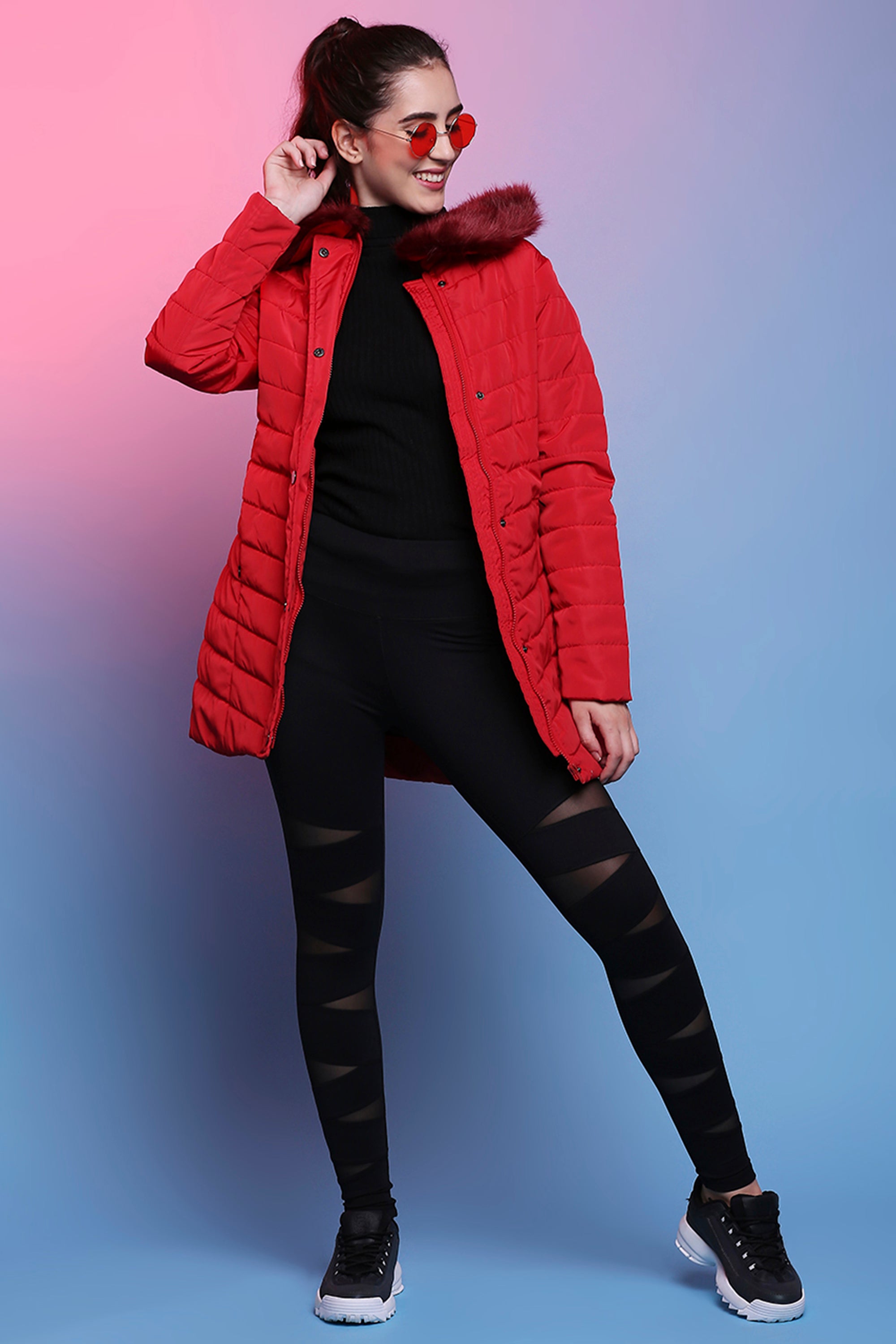 Scarlet Red Fur Collar Long Puffer Jacket With Button And Zip Details