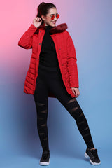 Scarlet Red Fur Collar Long Puffer Jacket With Button And Zip Details