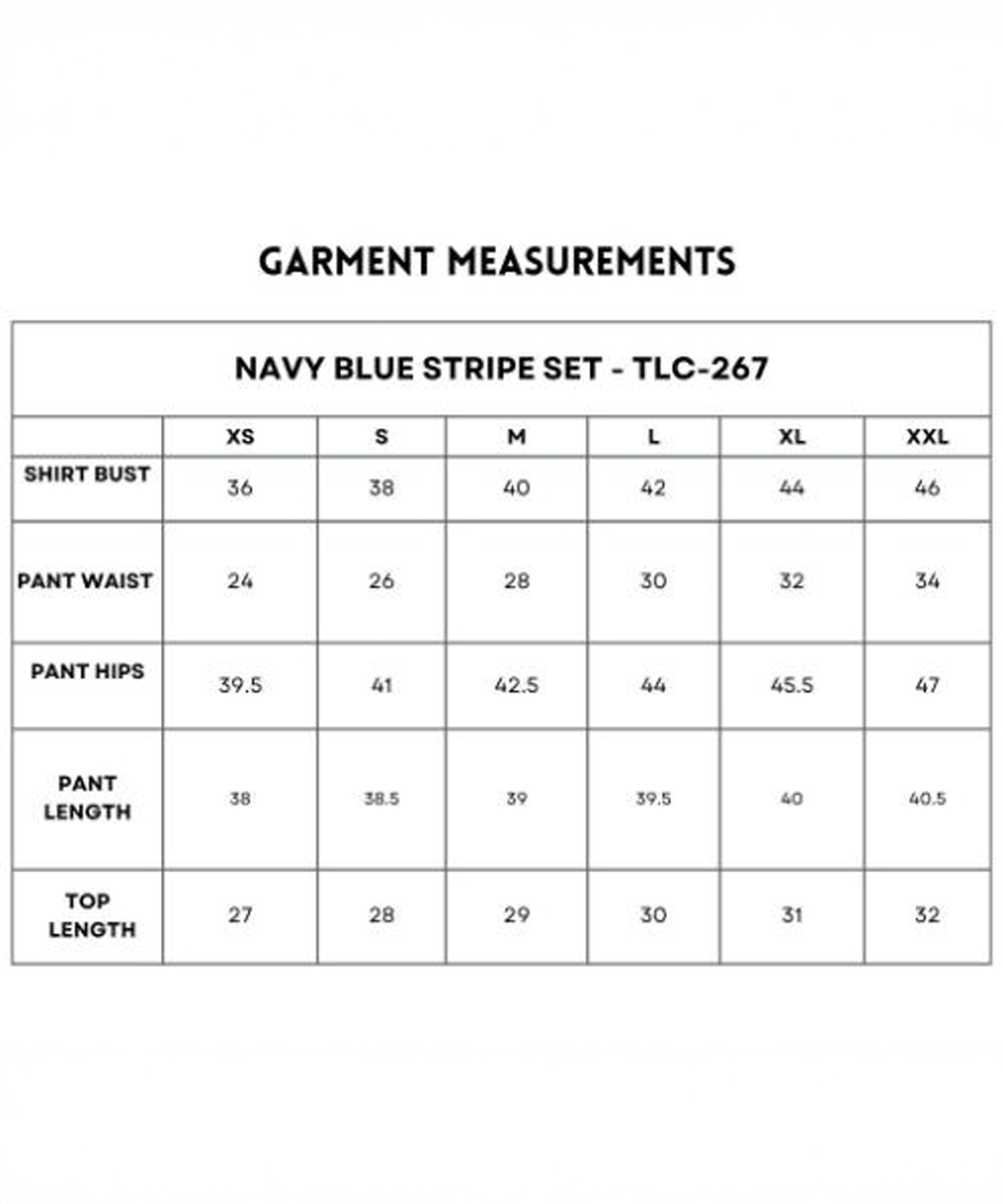 Navy Blue Stripe Set measurements chart (XS–XXL) includes bust, waist, hips, pant, and top length for a comfy fit. Crafted from 100% cotton.