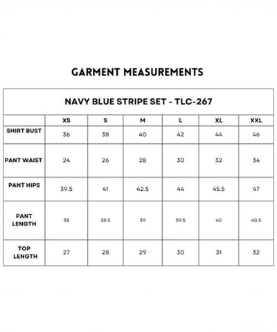 Navy Blue Stripe Set measurements chart (XS–XXL) includes bust, waist, hips, pant, and top length for a comfy fit. Crafted from 100% cotton.