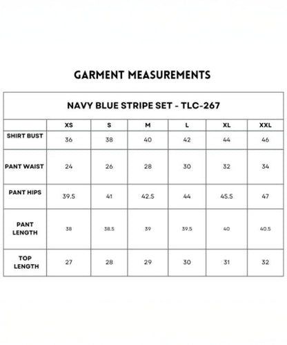Navy Blue Stripe Set measurements chart (XS–XXL) includes bust, waist, hips, pant, and top length for a comfy fit. Crafted from 100% cotton.