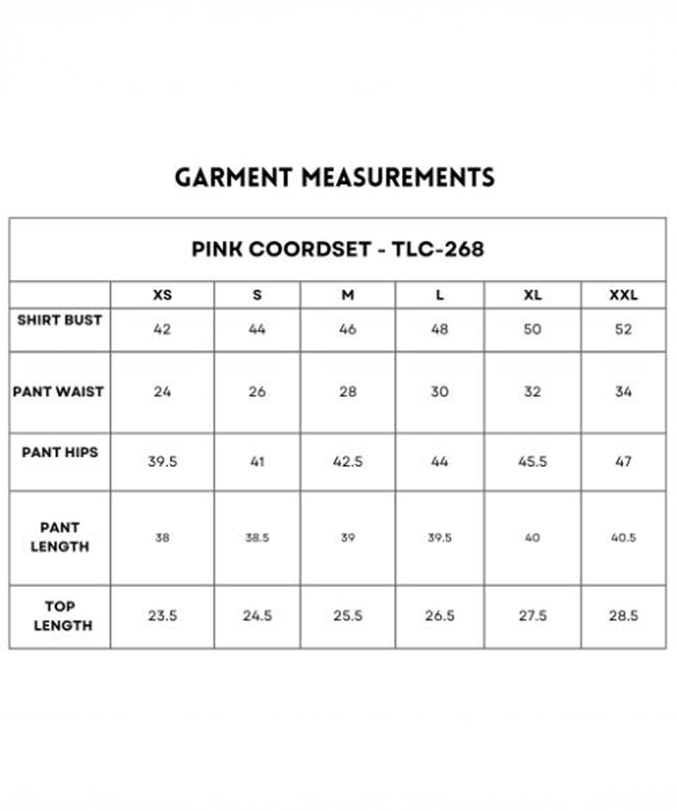 Garment measurement chart for Pink Co-Ord set, available in sizes XS to XXL. Features bust, waist, hips, and length measurements for both the trendy top and matching bottoms.