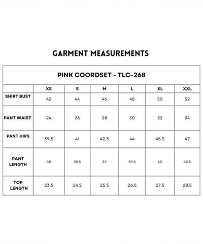 Garment measurement chart for Pink Co-Ord set, available in sizes XS to XXL. Features bust, waist, hips, and length measurements for both the trendy top and matching bottoms.