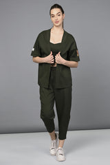 Military Green Open Jacket & Yoga Pants with Bustiere  set