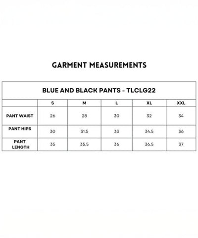 Black and Blue Pants size chart includes waist, hip, and length for S to XXL—ideal for finding your perfect fit in these stylish pants.