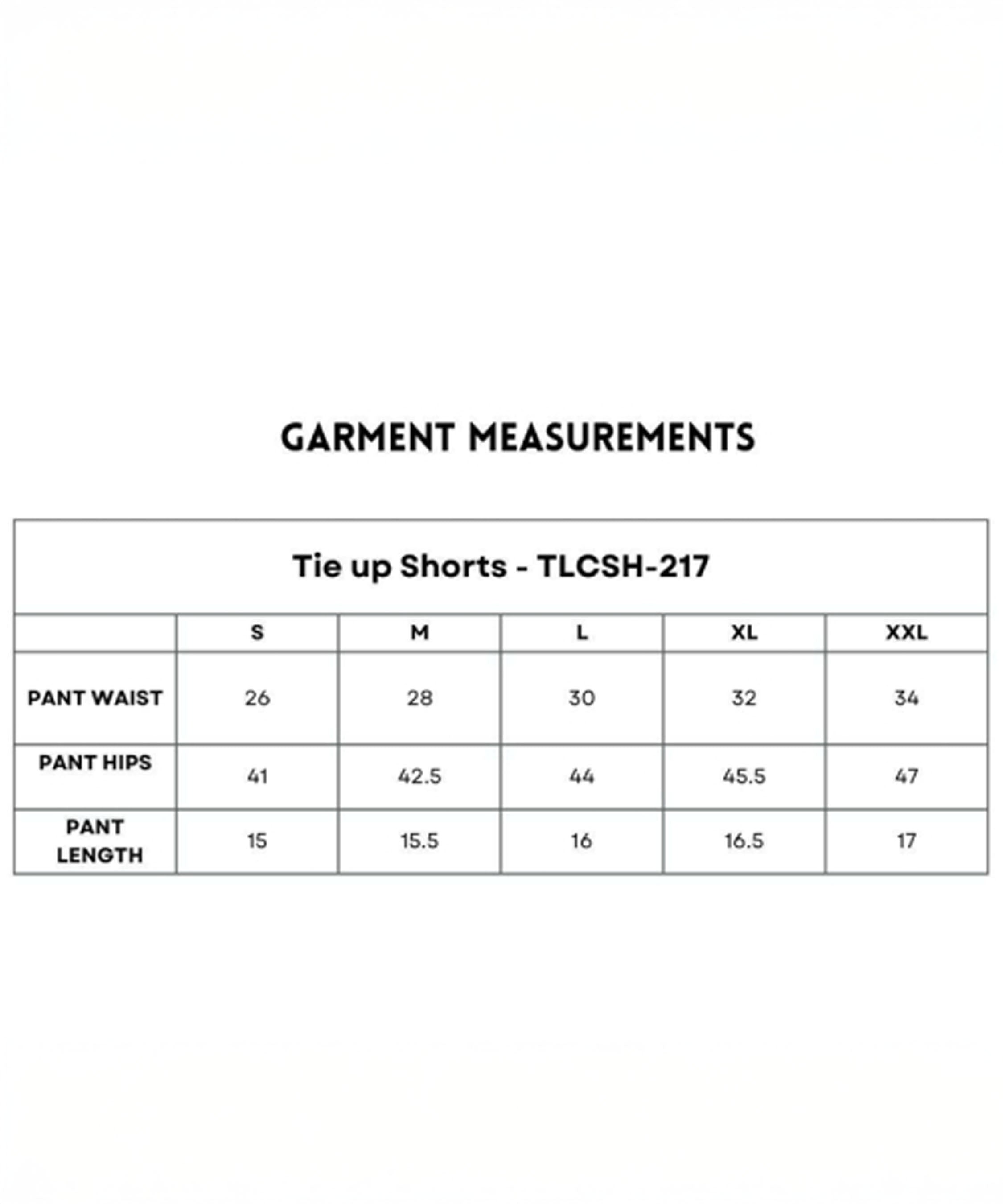 Table displaying measurements for Tie up Shorts (sizes S–XXL) with elastic waistband. Includes waist, hips, and length.