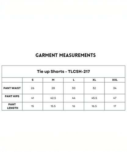 Table displaying measurements for Tie up Shorts (sizes S–XXL) with elastic waistband. Includes waist, hips, and length.