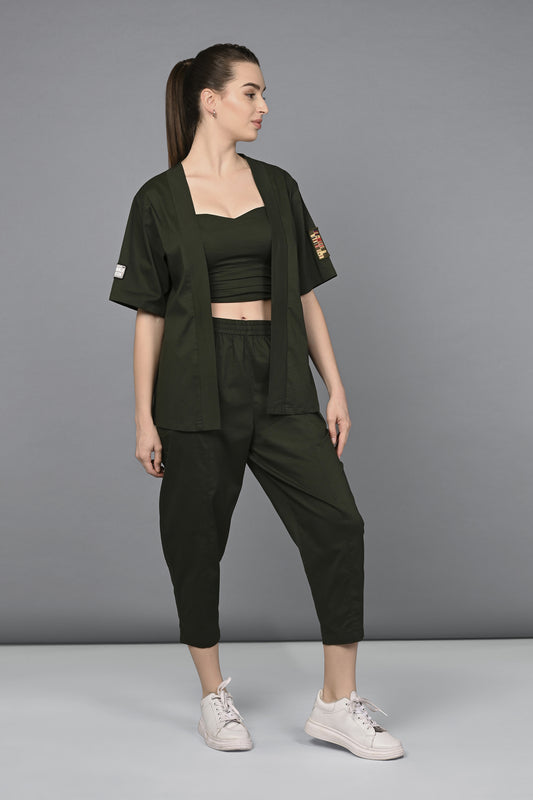 Military Green Open Jacket & Yoga Pants with Bustiere  set