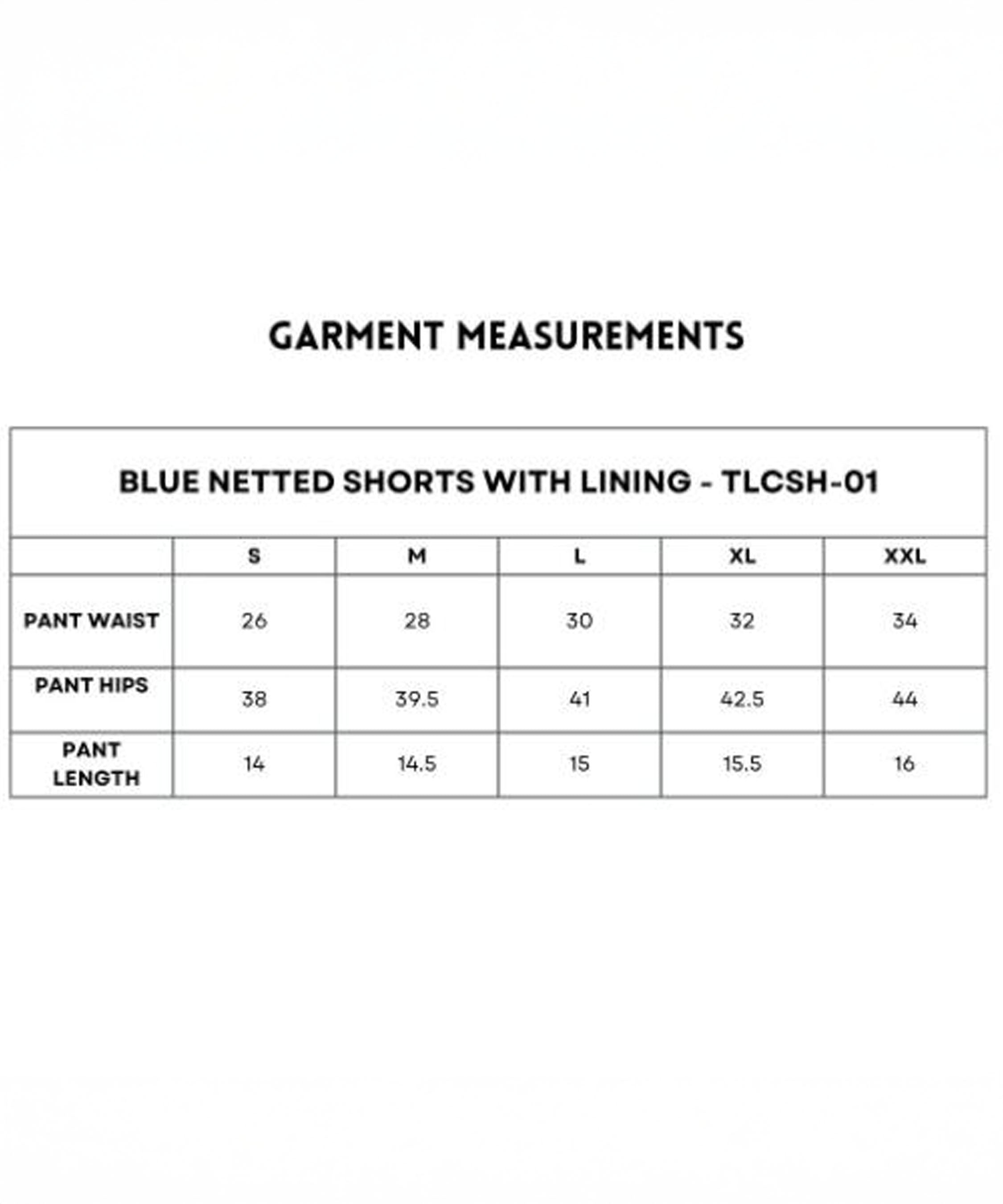 Size chart for Blue Premium Stretch Shorts With Lining, relaxed fit, includes waist, hip, and length measurements for sizes S to XXL.