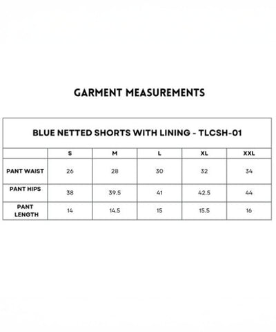 Size chart for Blue Premium Stretch Shorts With Lining, relaxed fit, includes waist, hip, and length measurements for sizes S to XXL.