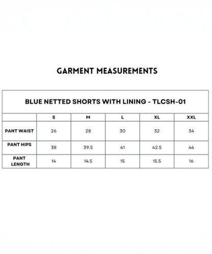 Size chart for Blue Premium Stretch Shorts With Lining, relaxed fit, includes waist, hip, and length measurements for sizes S to XXL.