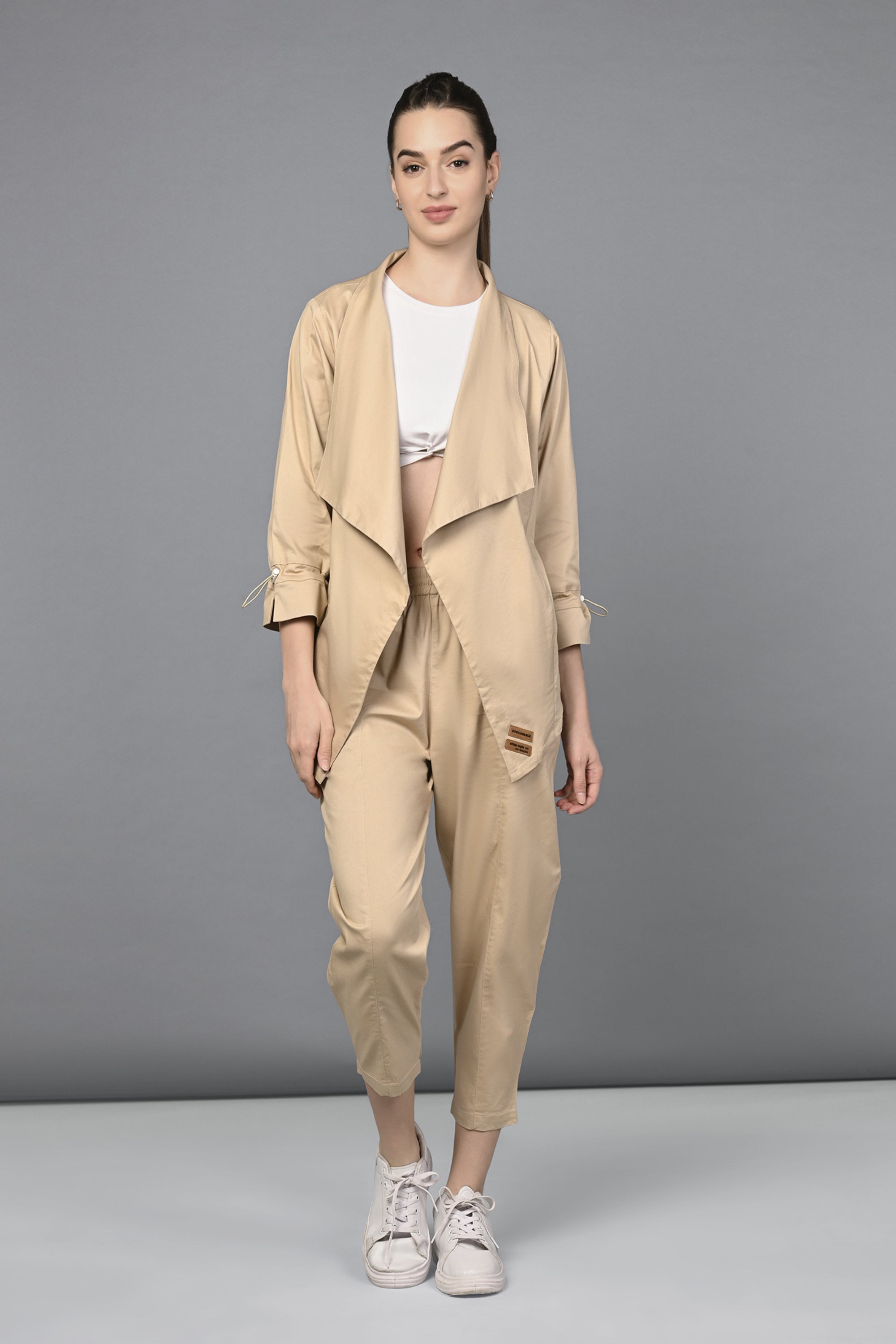 Timeless Brilliance Beige Co-Ord Set with White Crop Top