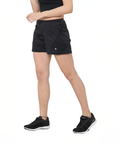 Model wearing Black Shorts stands against a plain white background, paired with a black top and black sneakers.