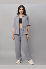 Grey Tie Up Top with Loose Pants Cord Set