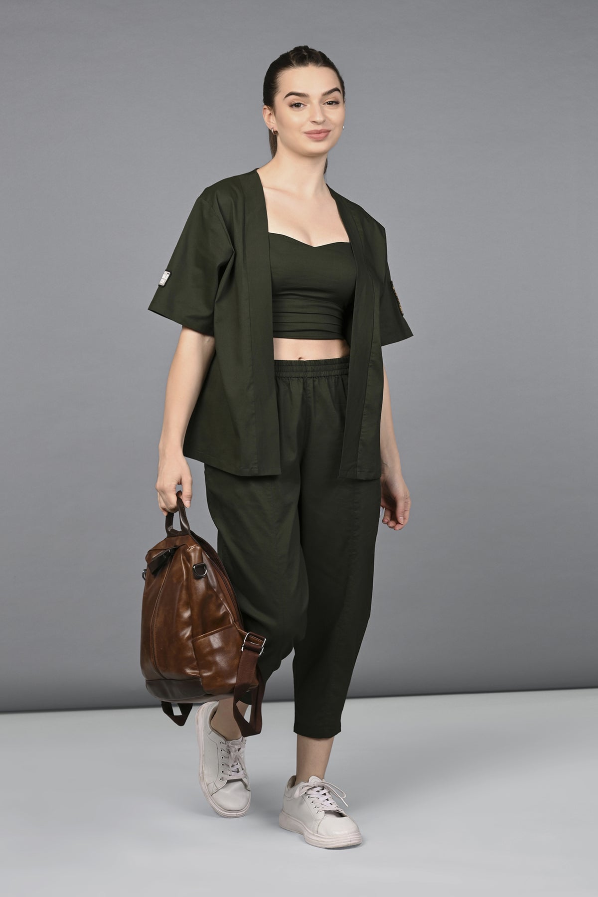 Military Green Open Jacket & Yoga Pants with Bustiere  set